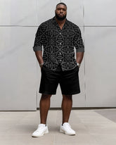 Big & Tall Men's Business Black Geometric Print Long Sleeve Shirt Shorts Set